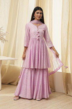 Pink Cotton Metallic Polka Dots Flared Suit Set image number 6
