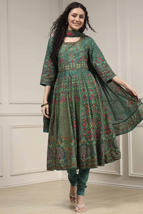 Off-White Cotton Printed Anarkali Suit Set image number 0