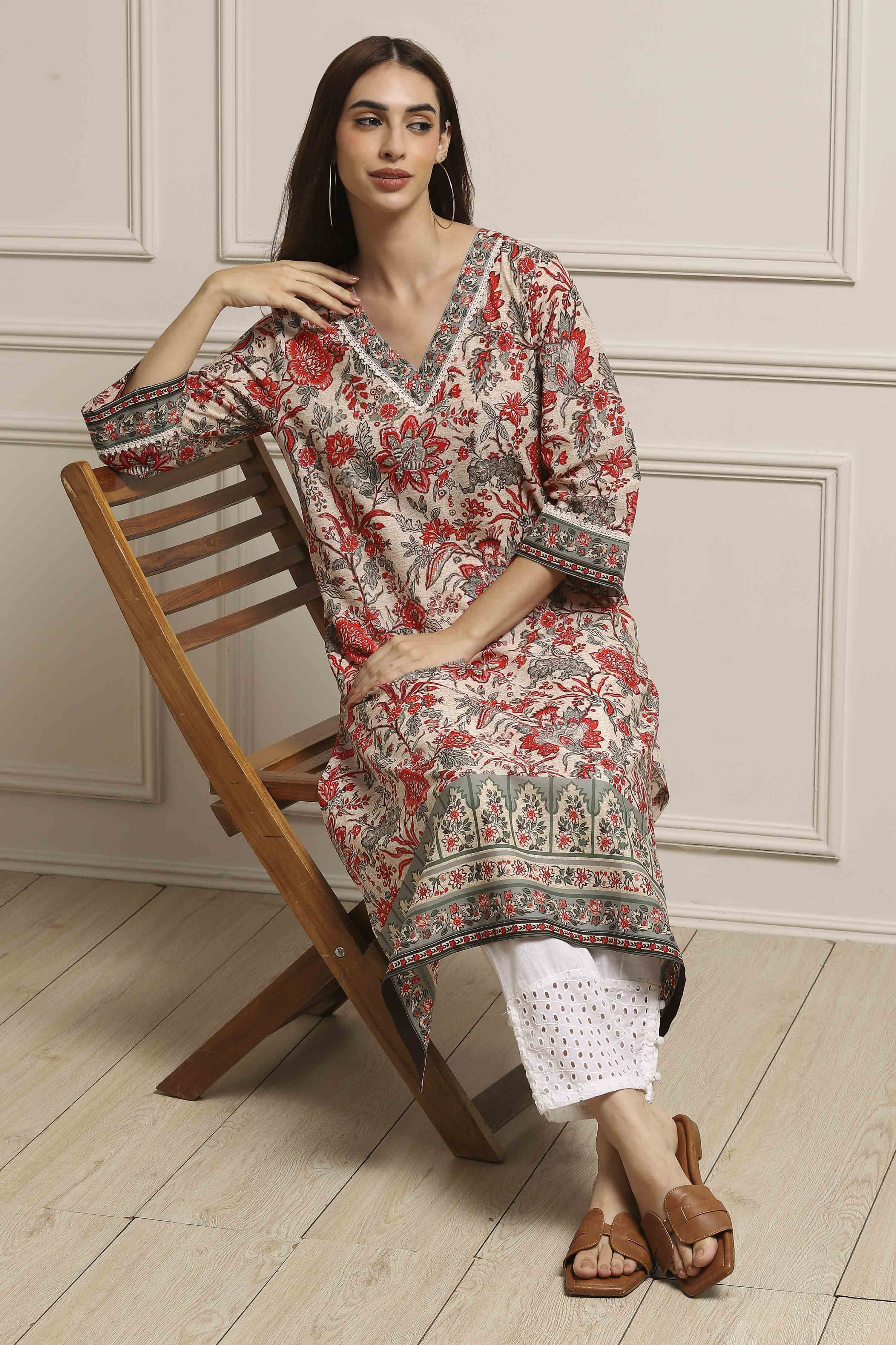 Off White Cotton Straight Printed Kurta image number 5