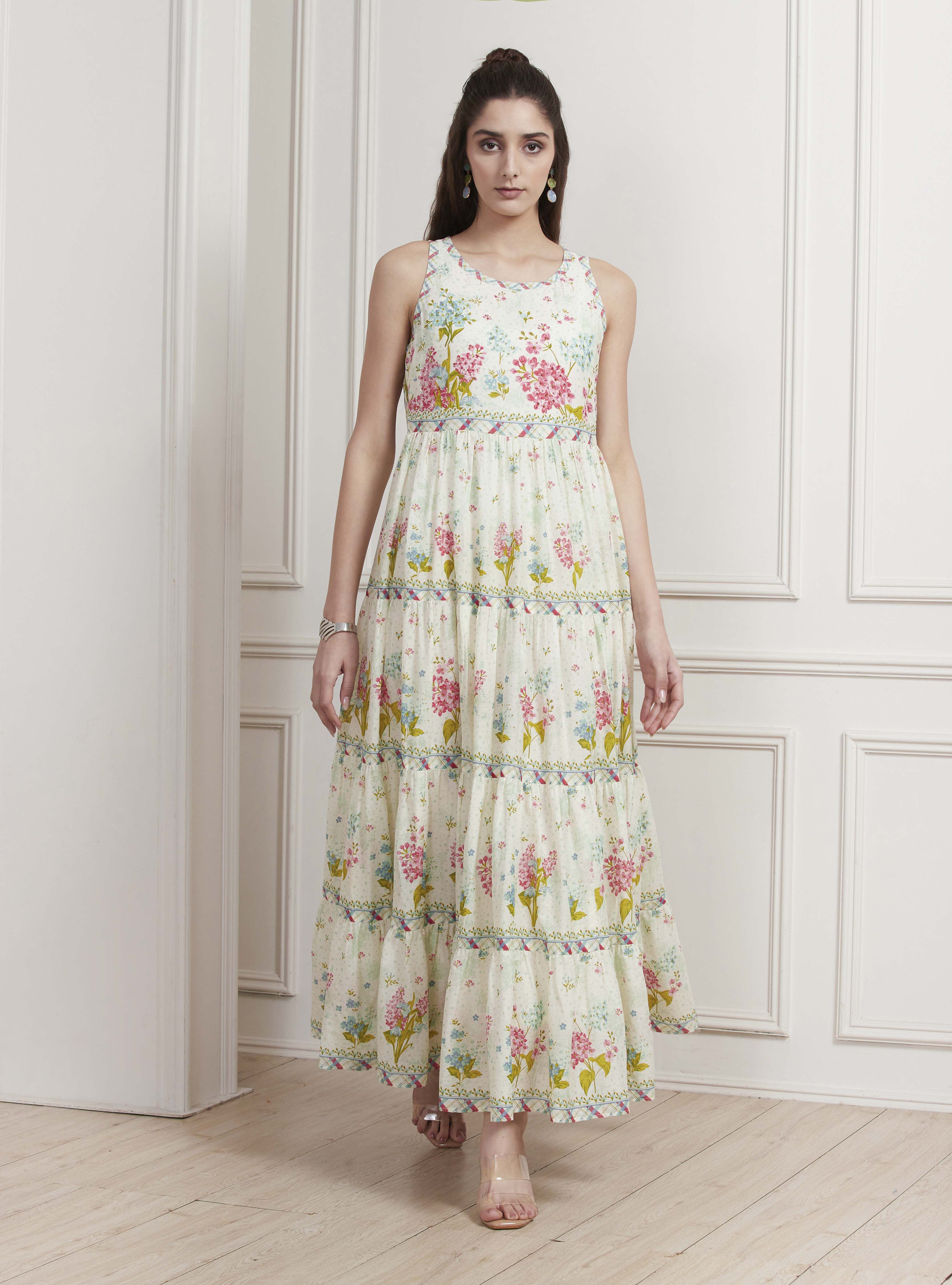 Off-White Cotton Printed Tiered Dress image number 5