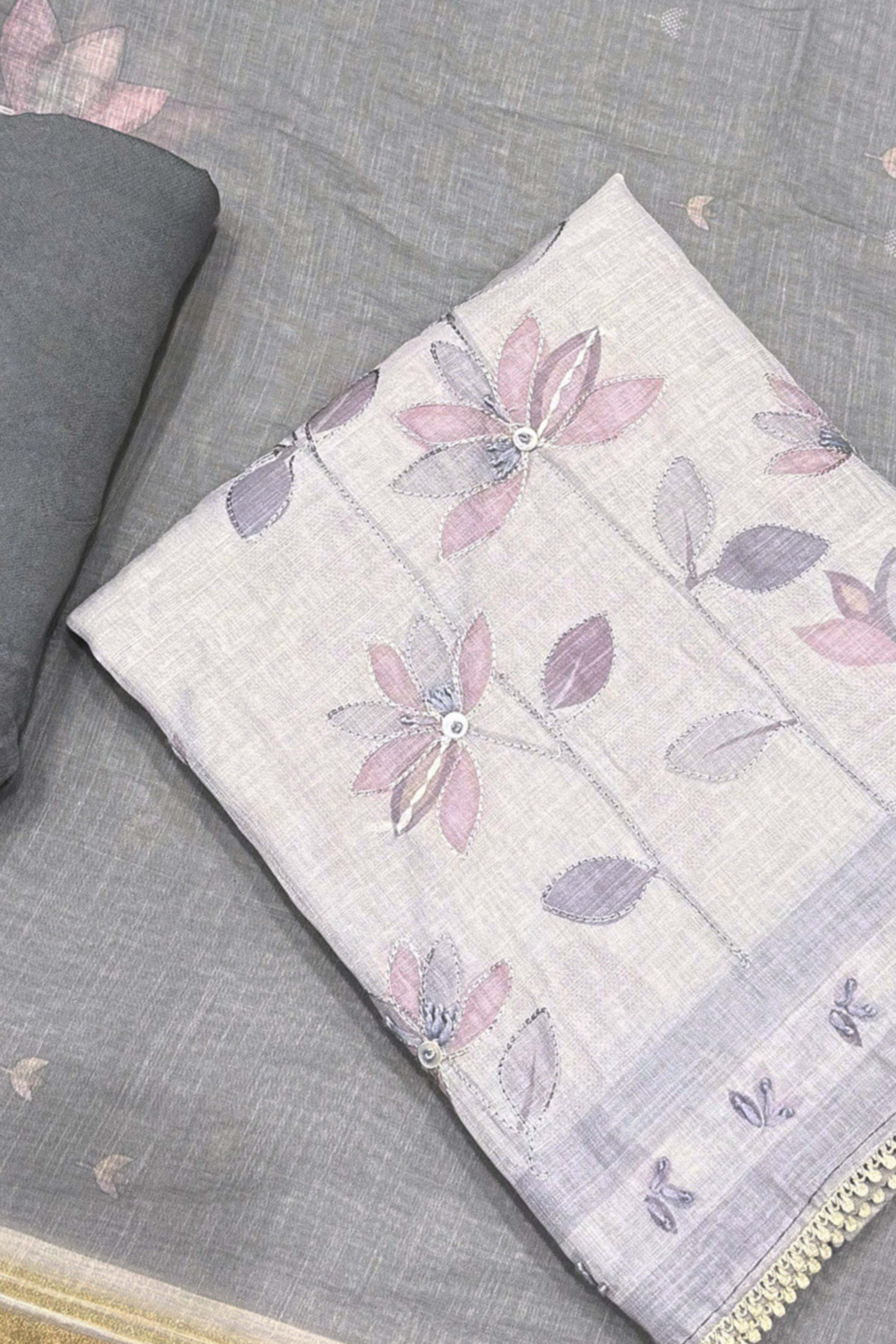 Grey Linen Printed Unstitched Suit Set image number 1