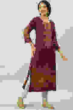 Wine LIVA Straight Printed Kurta image number 2