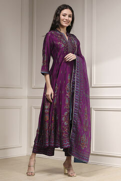 Purple Viscose Kalidar Printed Suit Set image number 4