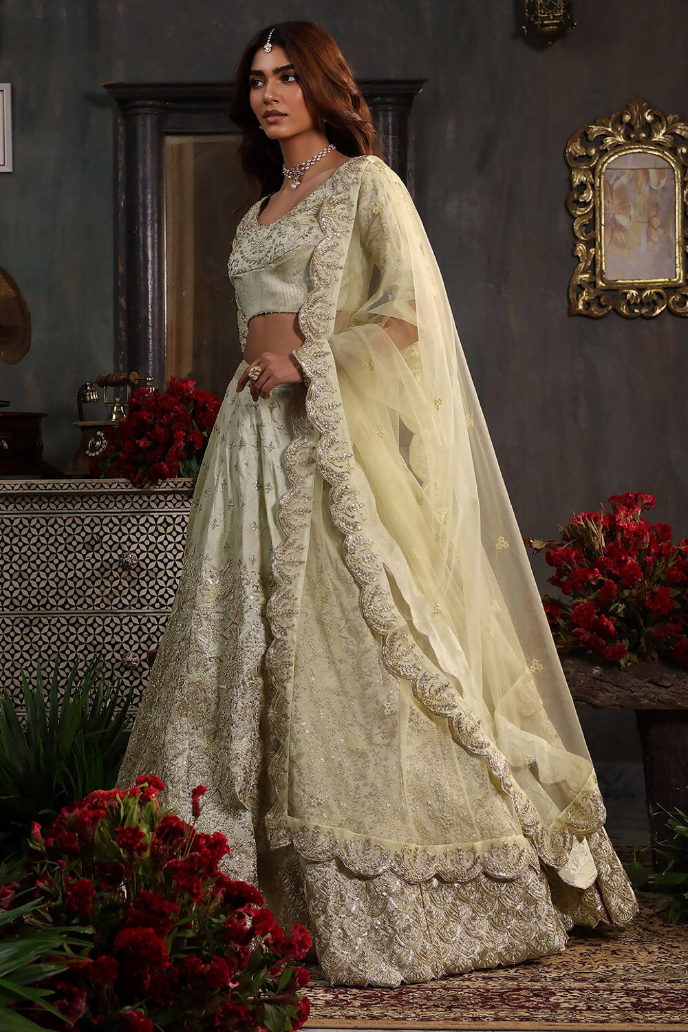 Mint Green Zari Embroidered Lehenga Set image number 3