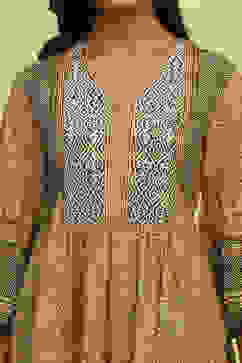 Beige Cotton Printed Flared Kurti image number 1