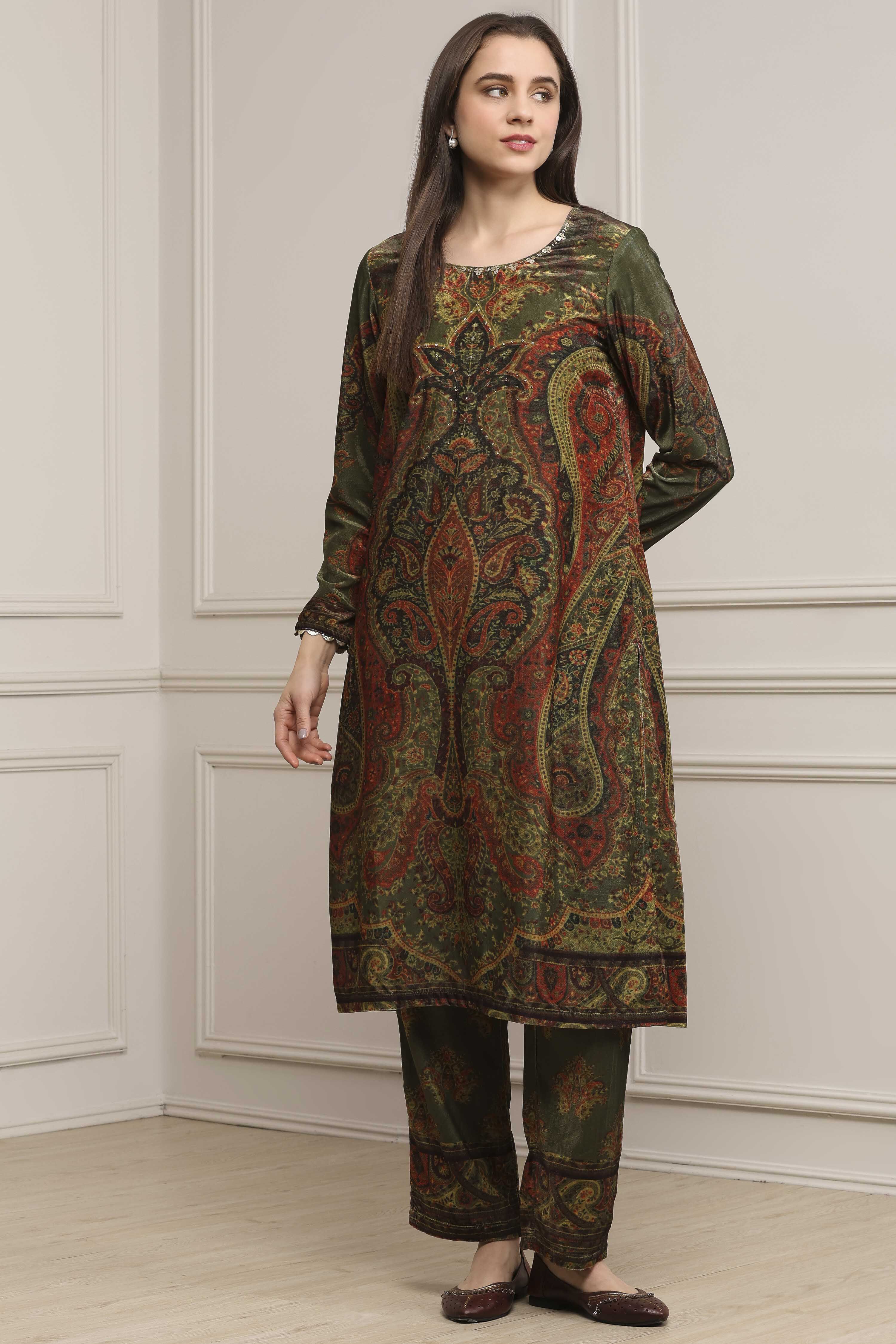 Heena Green Polyester Straight Printed Kurta Pants Set image number 6