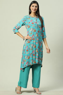 Turquoise Viscose A-Line Kurta Palazzo Suit Set image number 0