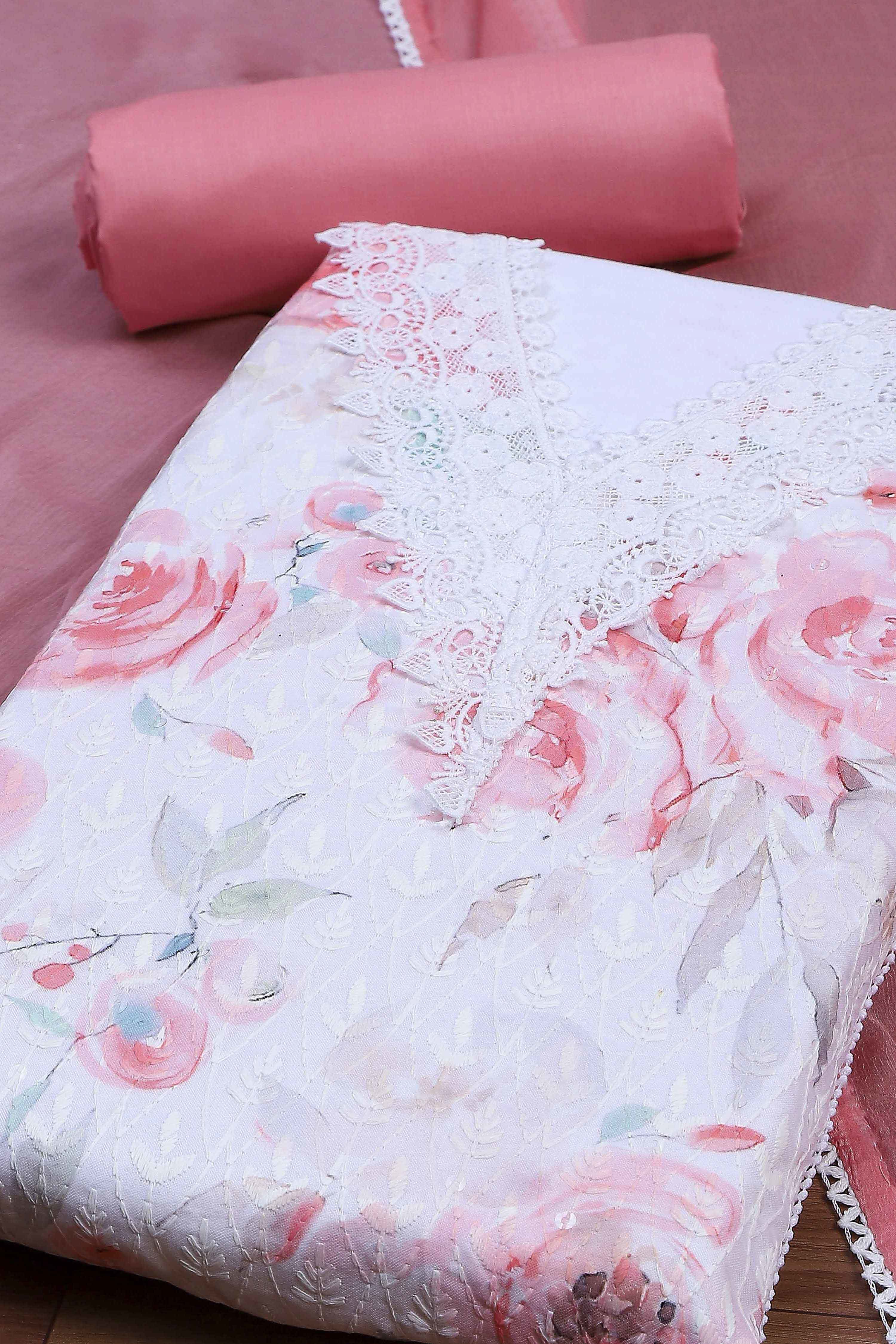 Peach Cotton Printed Embroidered Unstitched Suit Set image number 1