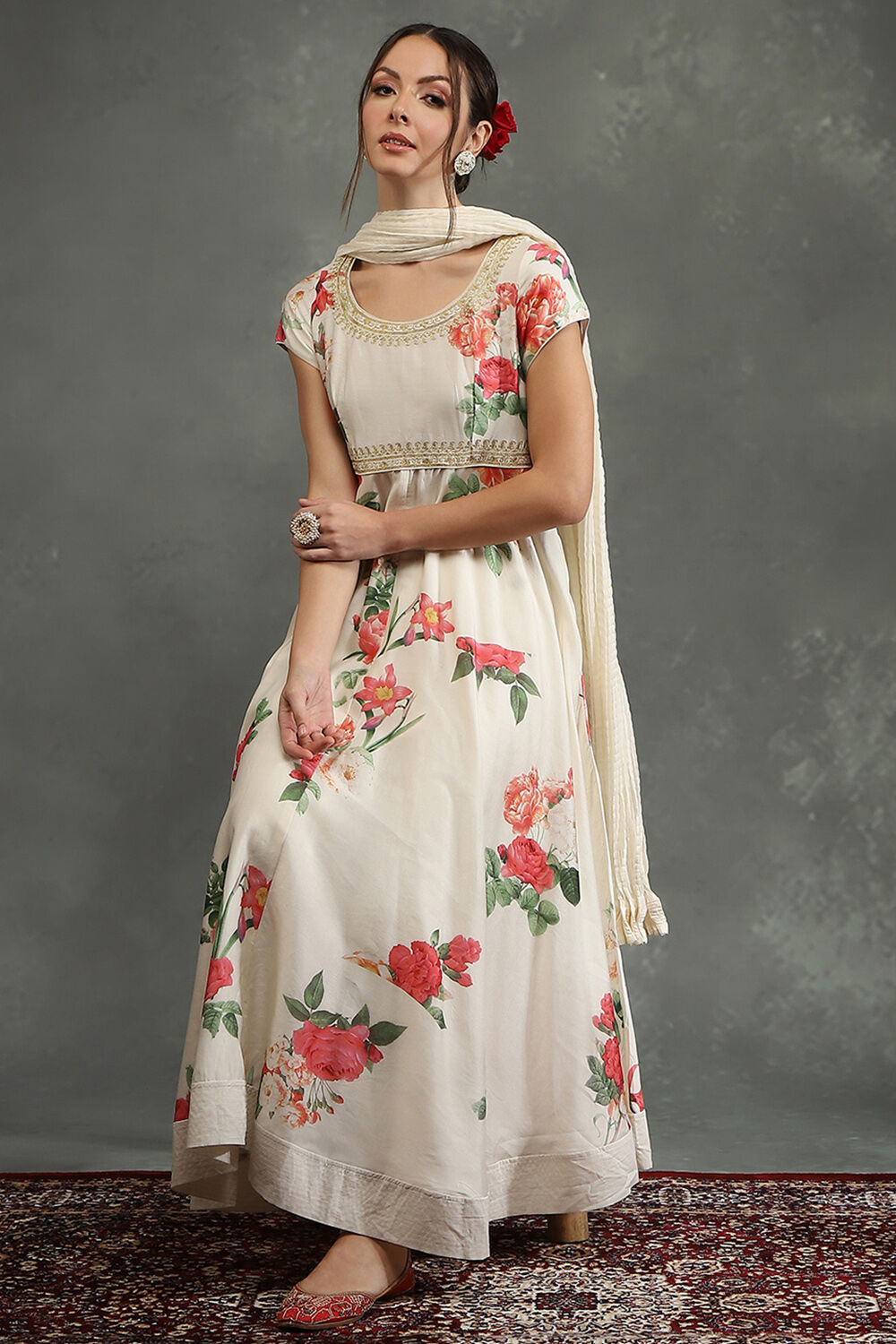 Cream-Colored Silk Chanderi Floral Printed Anarkali Suit Set image number 0