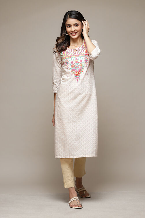 Cream Cotton Straight Printed Kurta image number 5