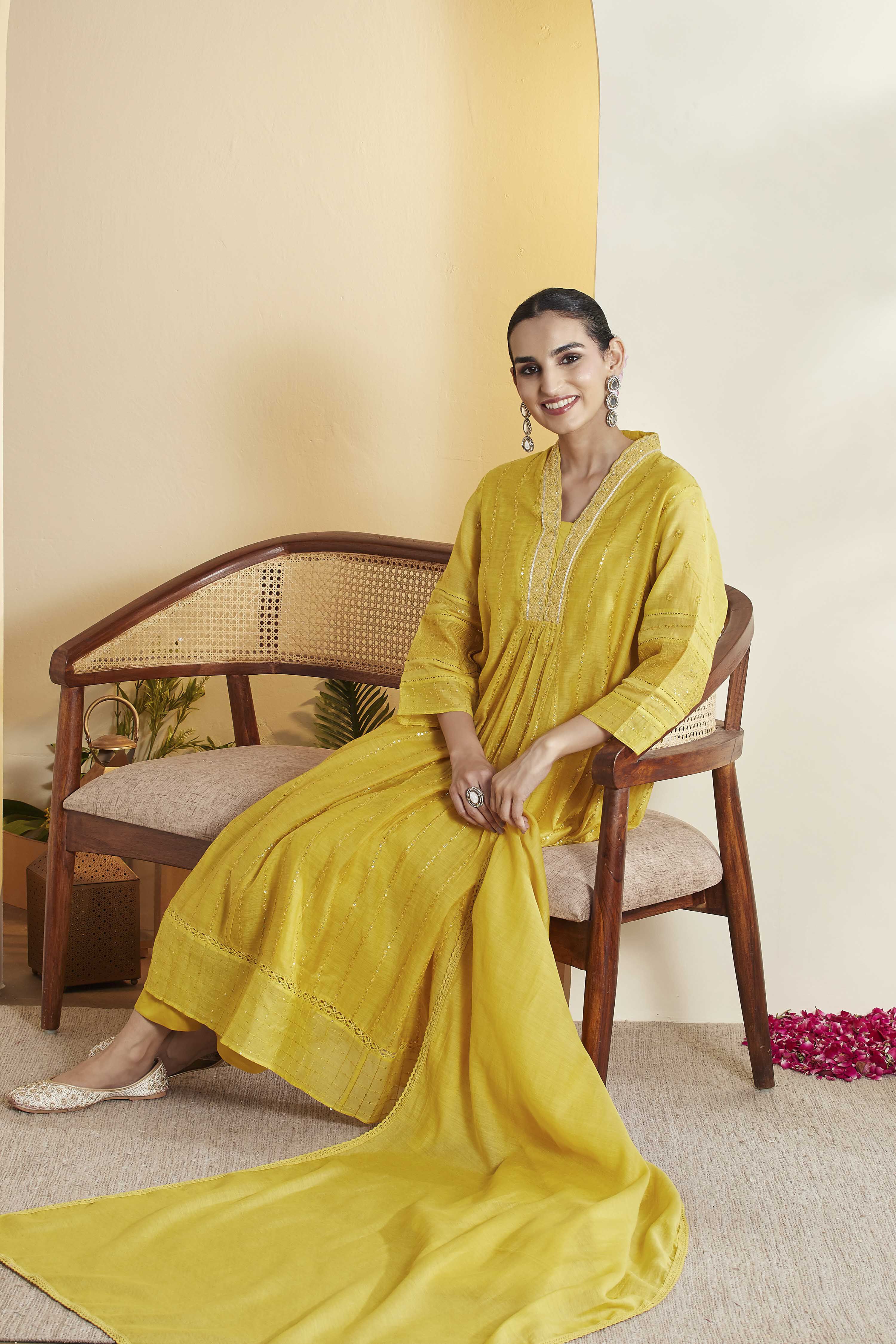 Mustard Cotton Silk Embroidered Straight Kurta Set image number 0