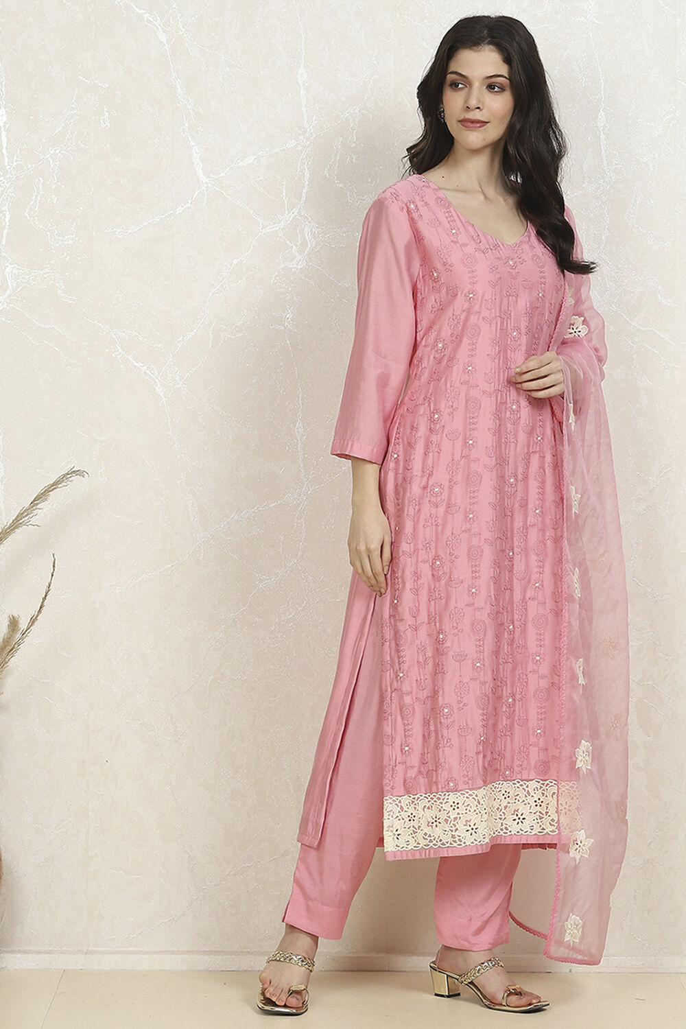 Pink Silk Blend Machine Embroidered Unstitched Suit Set image number 6