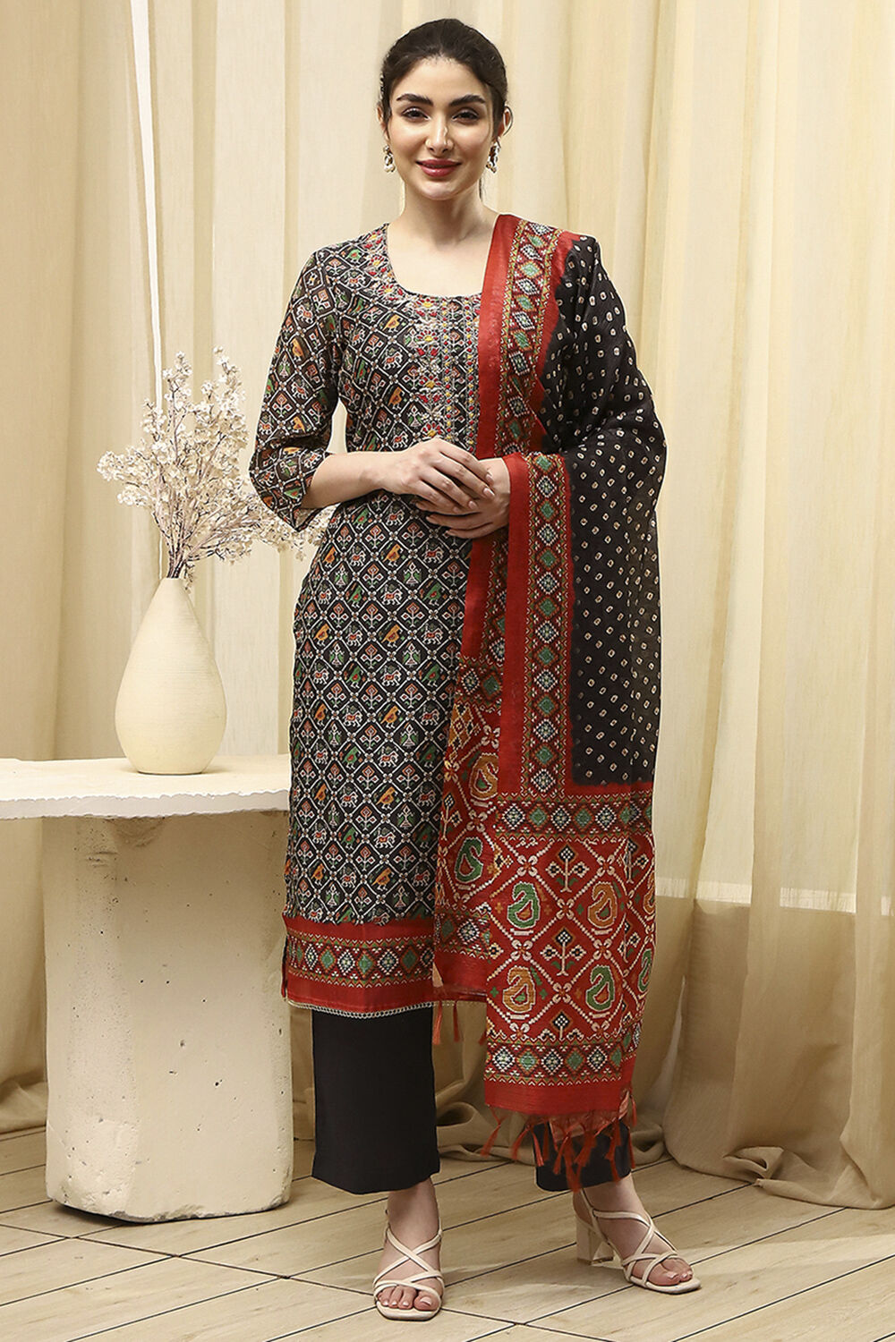 Black Tissue Machine Embroidered Unstitched Suit Set image number 7