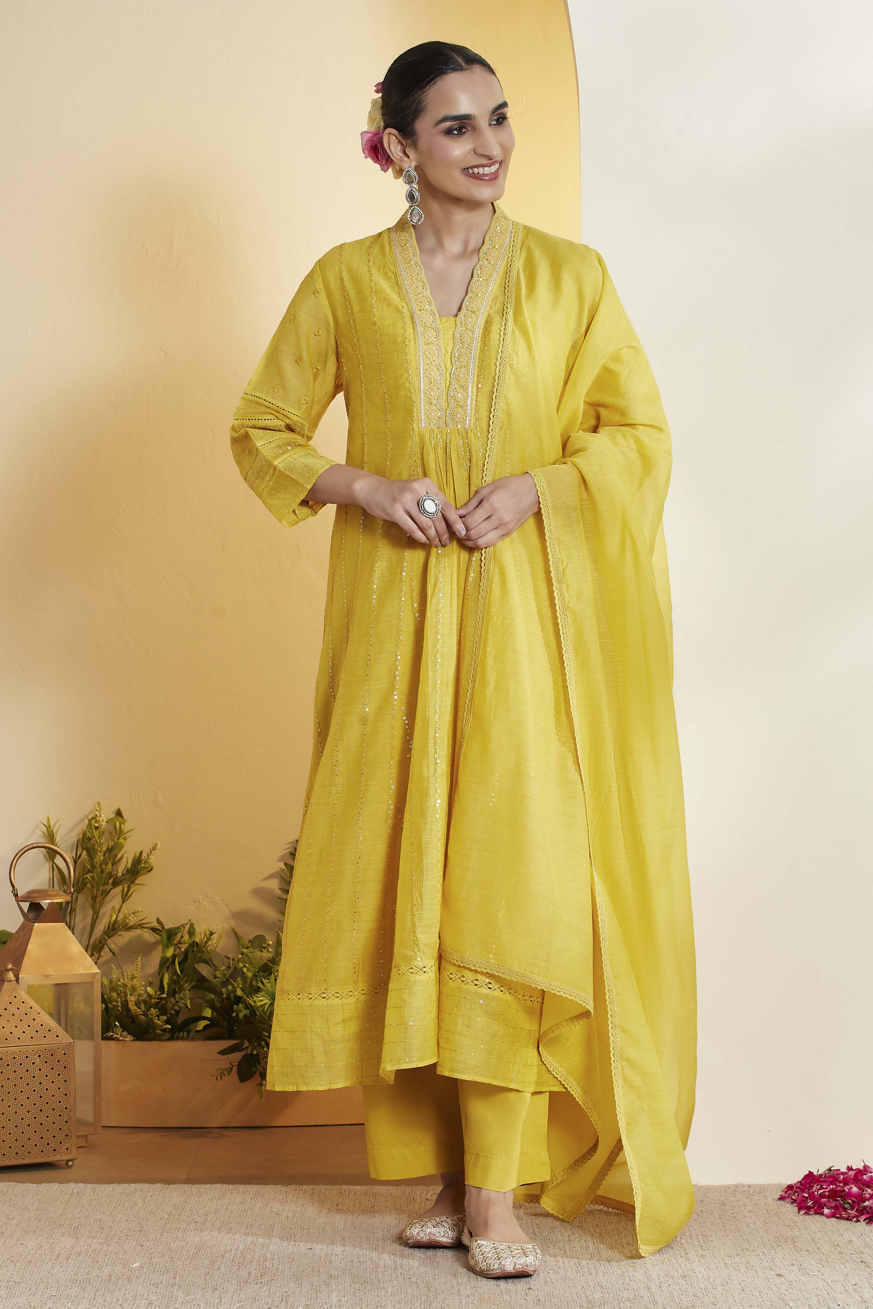 Mustard Cotton Silk Embroidered Straight Kurta Set image number 7