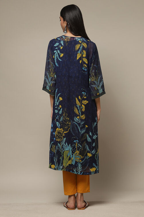 Navy Cotton Blend Straight Printed Kurta image number 3