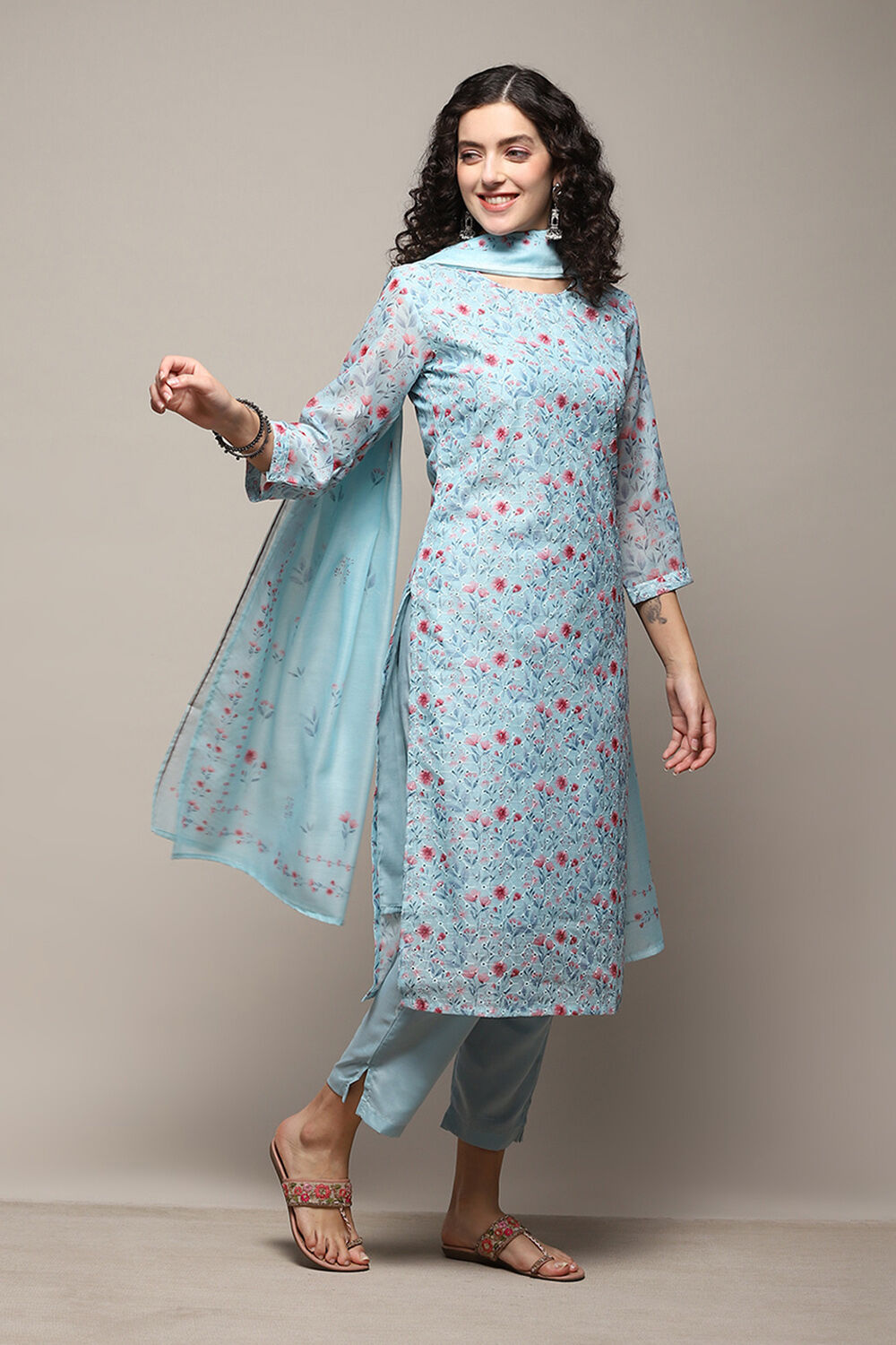 Blue Linen Blend Unstitched Suit Set image number 7