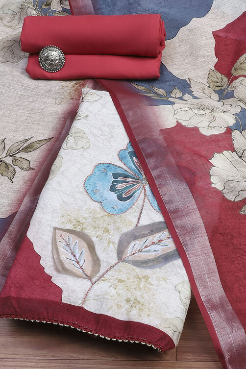 Red Linen Blend Machine Embroidered Unstitched Suit Set image number 0