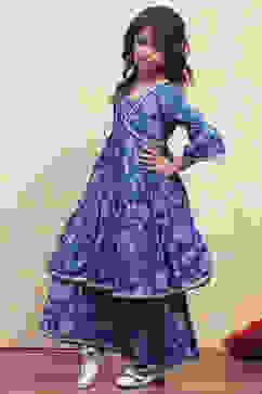 Blue Cotton Printed Tiered Kurta Set image number 3