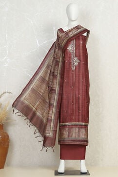 Wine Silk Blend Printed Embroidered Unstitched Suit Set image number 4