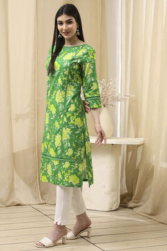 Green Cotton Floral Straight Kurta image number 2