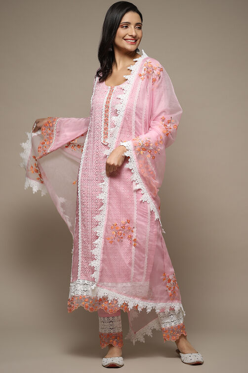 Light Pink Muslin Lace Unstitched Suit Set image number 1