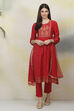 Red Art Silk A-Line Kurta Slim Pant Suit Set image number 4