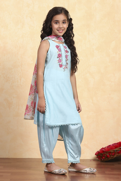 Sky Blue Polyester Straight Solid Suit Set image number 5