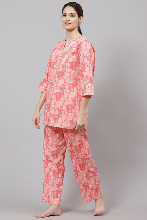 Pink Straight Cotton Three Piece Printed Sleepwear Set image number 4