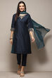 Teal Cotton Satin Narrow Kurta Pant Suit Set image number 0