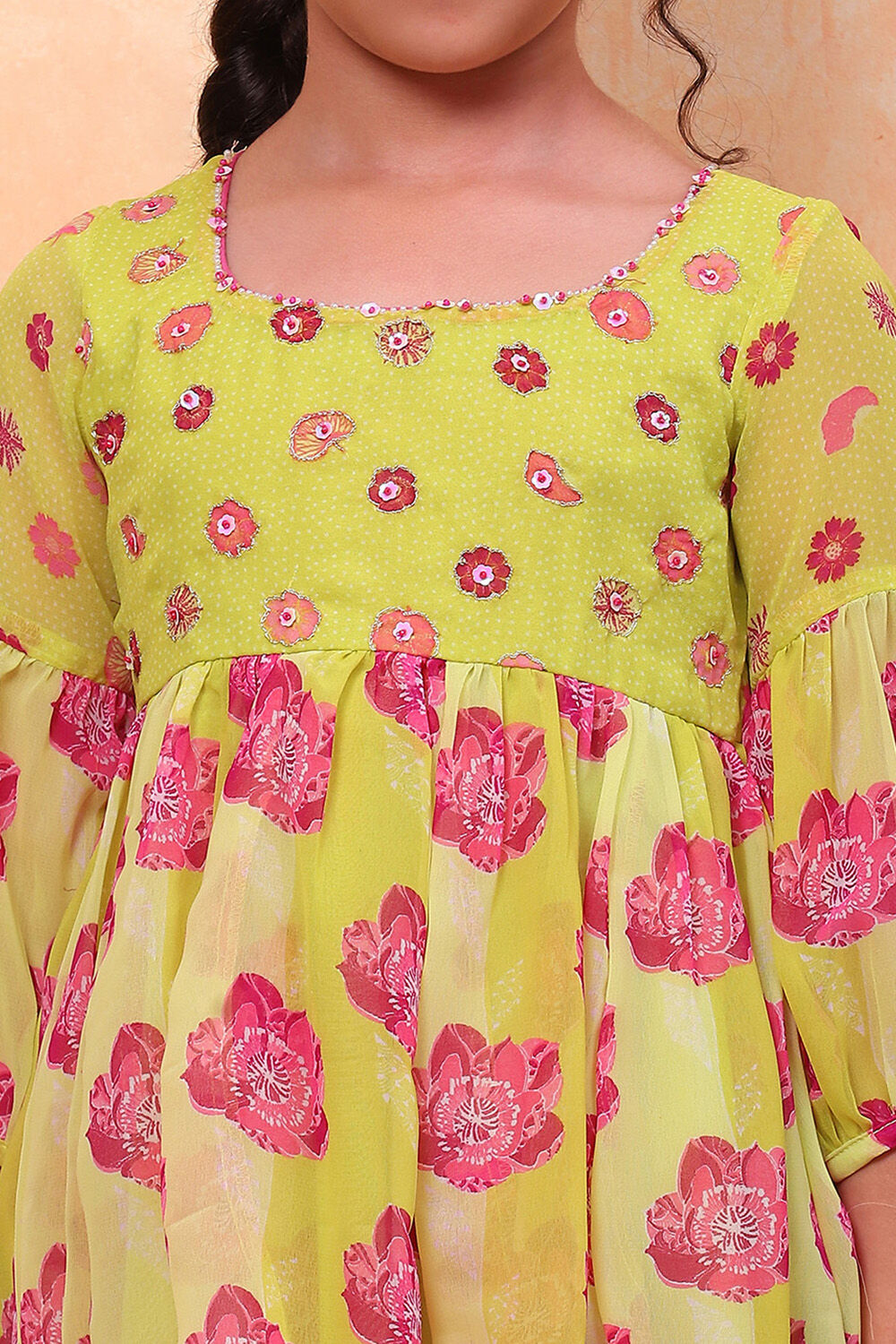 Lime Green Poly Georgette Floral Gathered Flared Suit Set image number 1