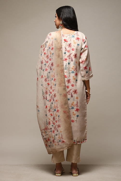 Cream Linen Digital Print Unstitched Suit Set image number 5