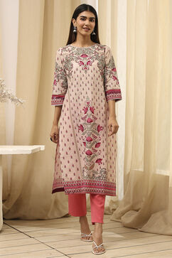 Beige Cotton Printed Straight Kurta image number 5