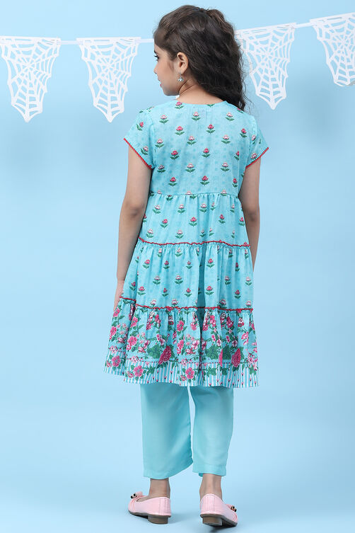 Turquoise Art Silk Straight Printed Kurta image number 4