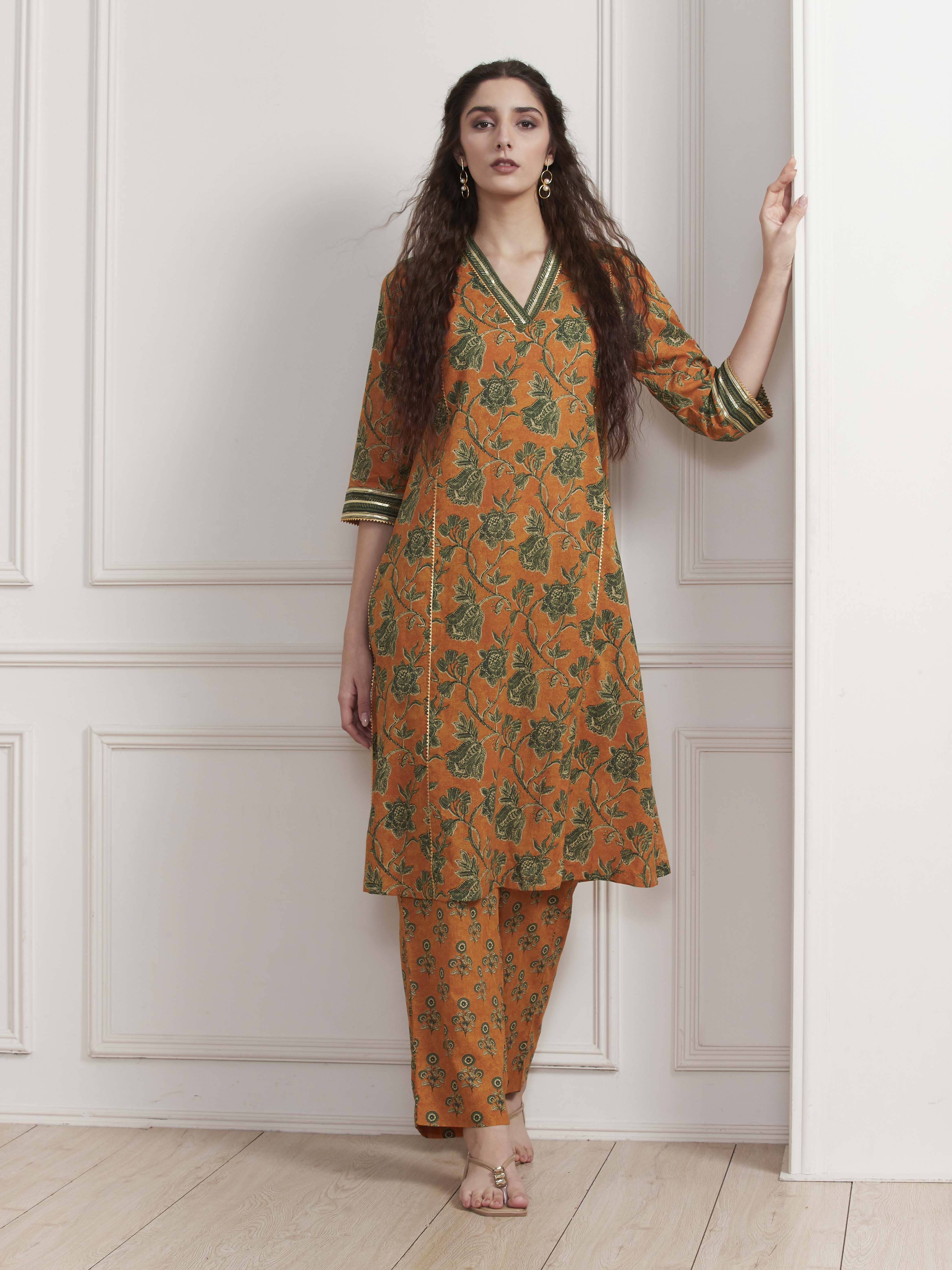 Mustard Yellow Cotton Printed Kurta Set image number 0