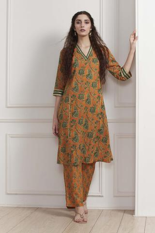 BIBA Mustard Yellow Cotton Printed Kurta Set in Mustard