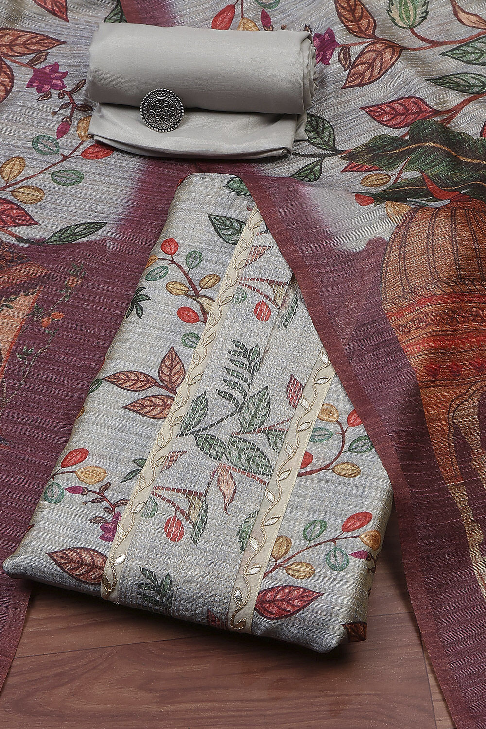 Gray Silk Blend Printed Unstitched Suit Set image number 0