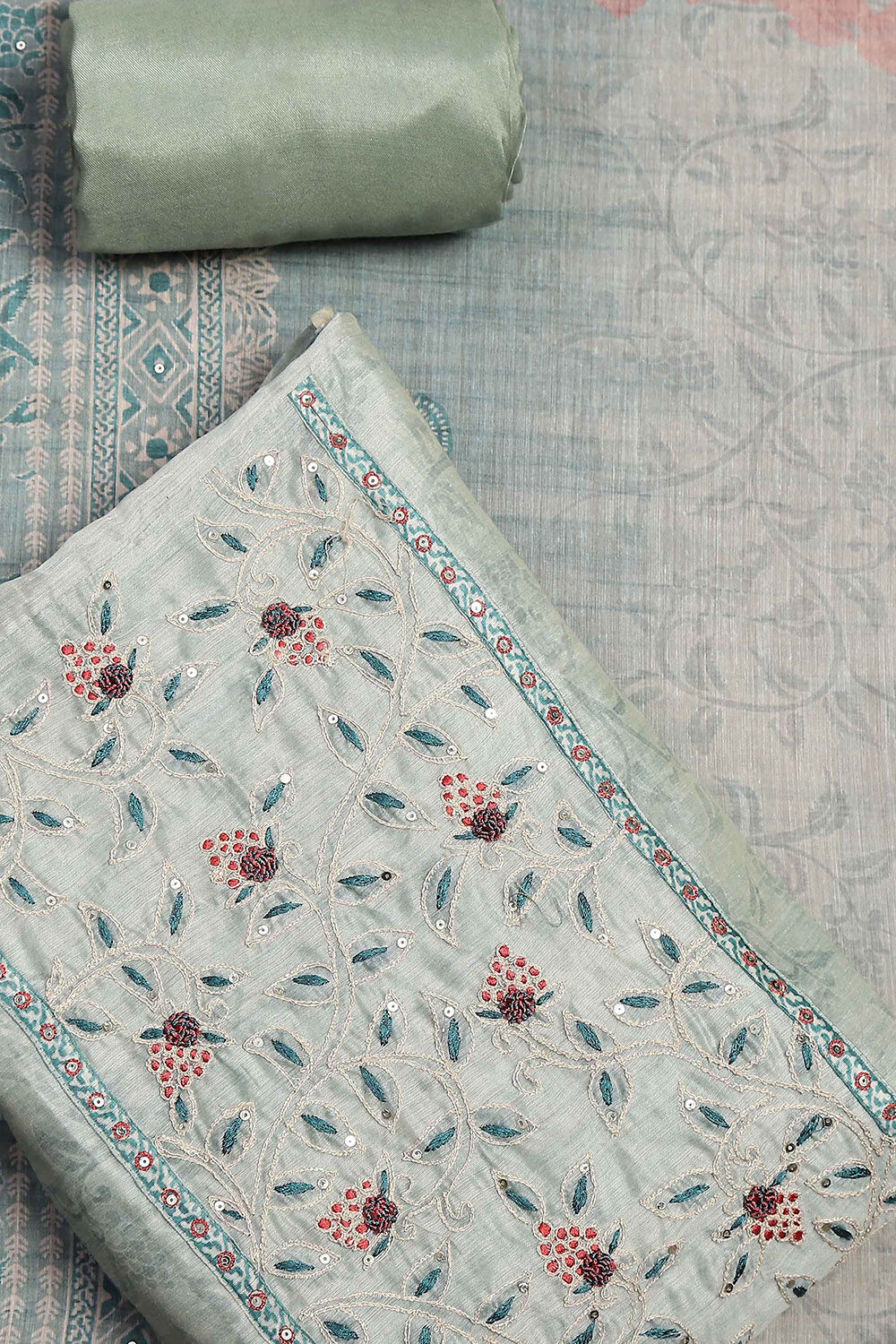 Teal Chanderi Hand Embroidered Unstitched Suit Set image number 1