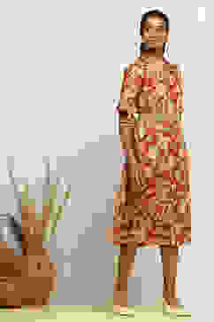 Rust Pure Cotton Floral Printed Straight Dress image number 4