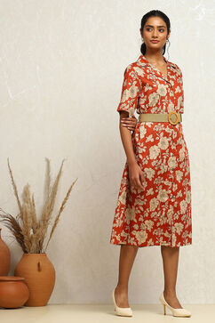 Rust Pure Cotton Floral Printed Straight Dress image number 4