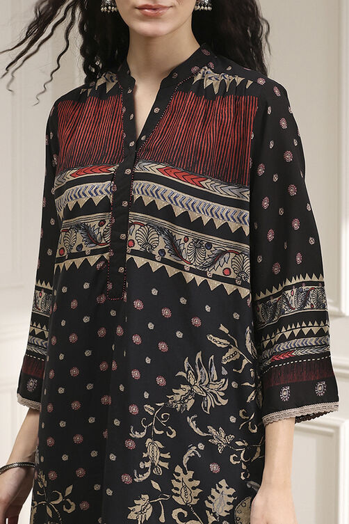 Black Viscose Rayon Straight Printed Kurta image number 1