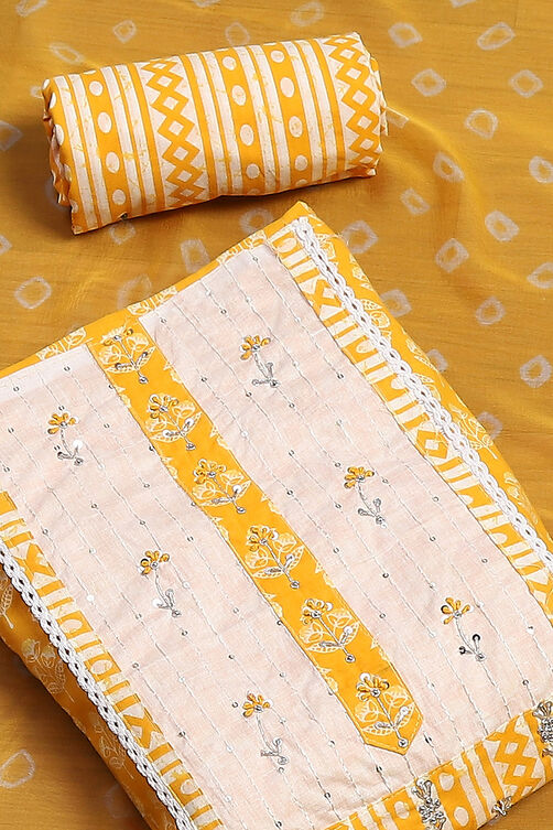 Yellow Cotton Hand Block Embroidered Unstitched Suit Set image number 1