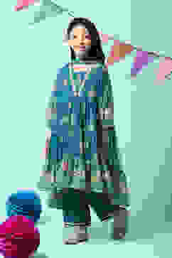 Teal Polyester Flared Printed Kurta Palazzo Suit Set image number 5