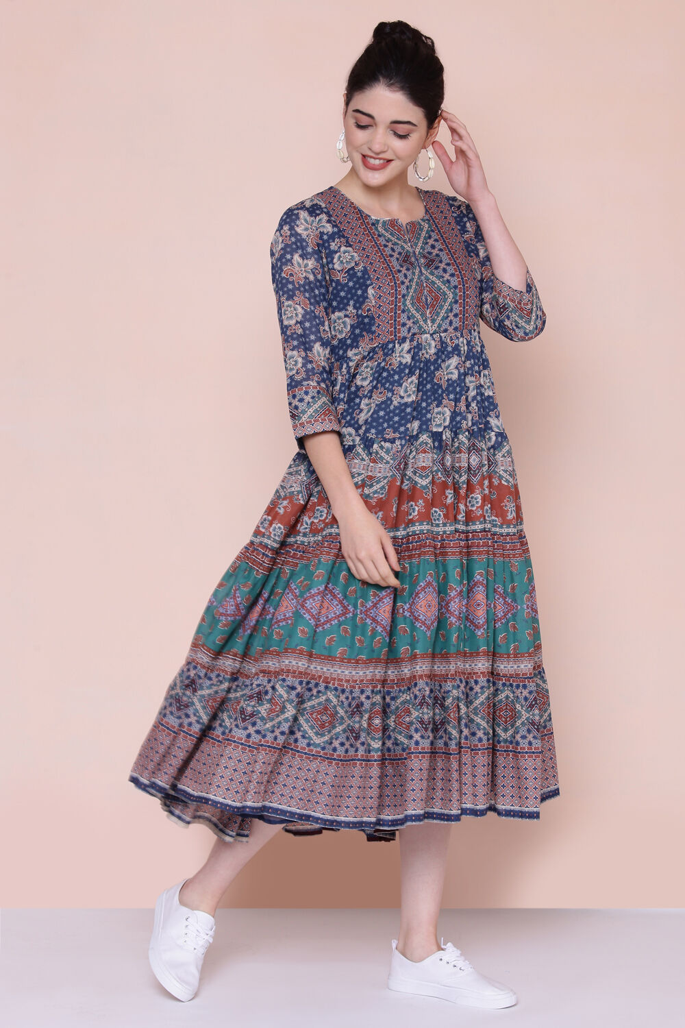 Navy Cotton Tiered Dress image number 3