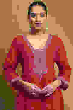 Red Embroidered Festive Kalidar Suit Set image number 1