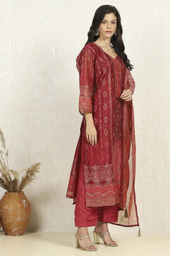 Green-Maroon Chanderi Unstitched Suit Set image number 6