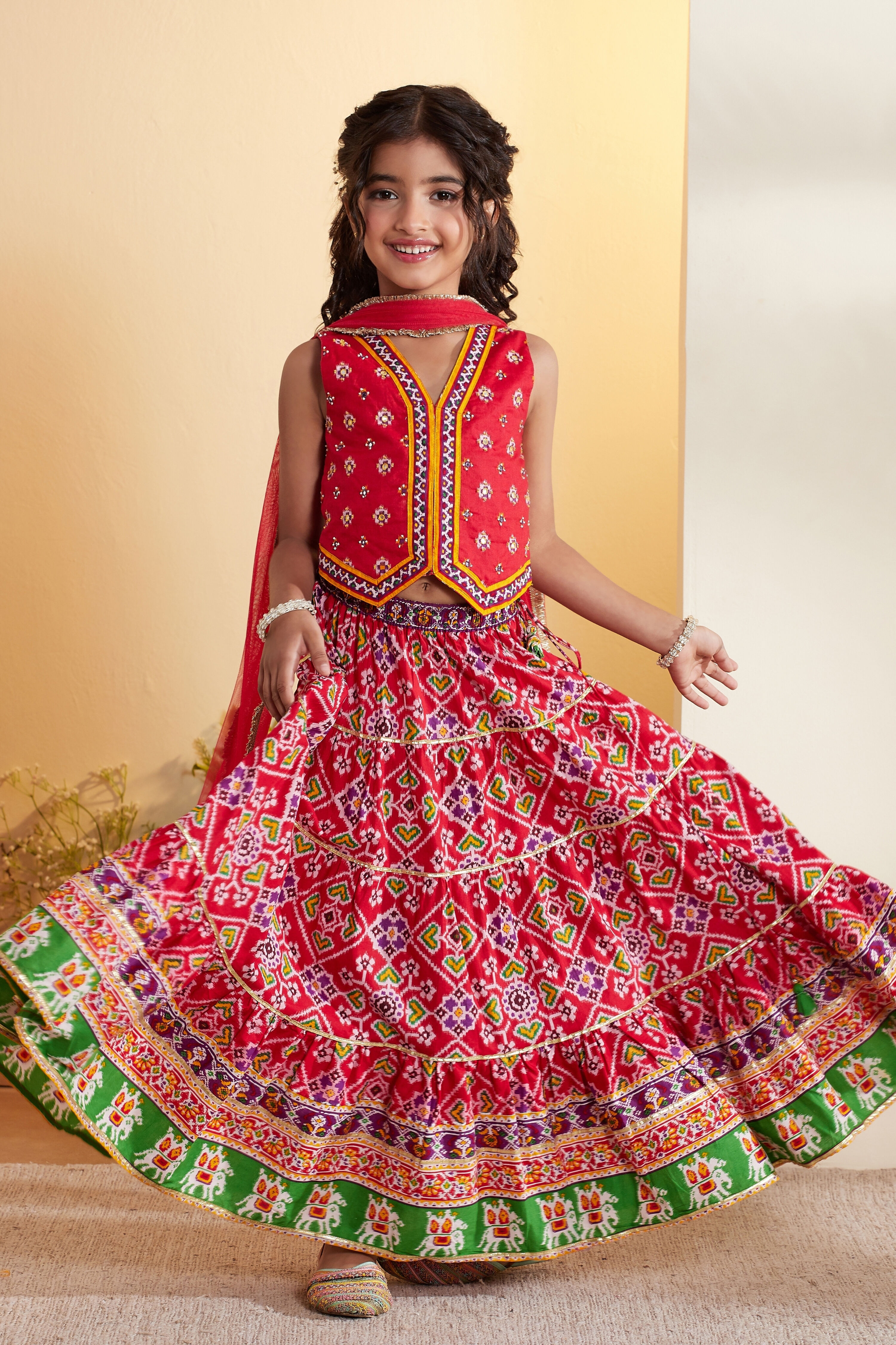 Red Cotton Printed Tiered Lehenga Set image number 0