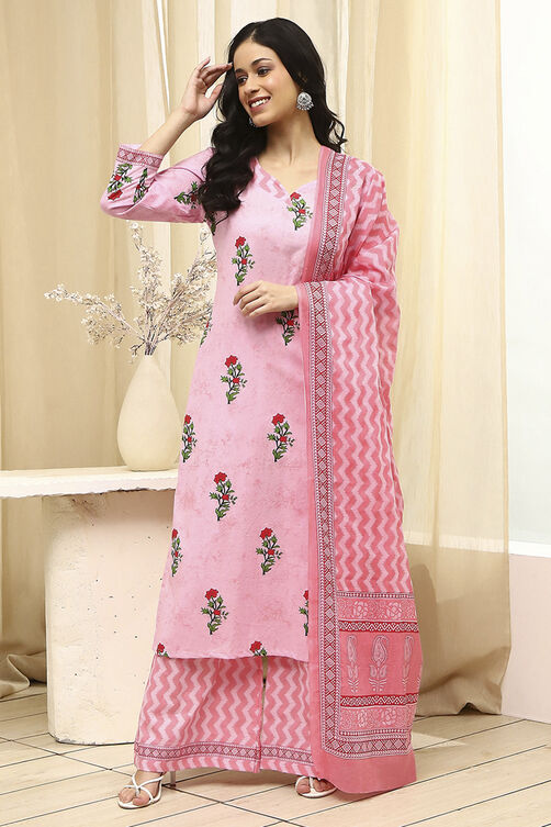 Pink Cotton Screen Print Unstitched Suit Set image number 7