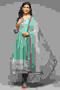 Sap Green Cotton Anarkali Kurta Churidar Suit Set image number 0