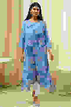 Blue Floral Printed Asymmetric Kurta image number 5