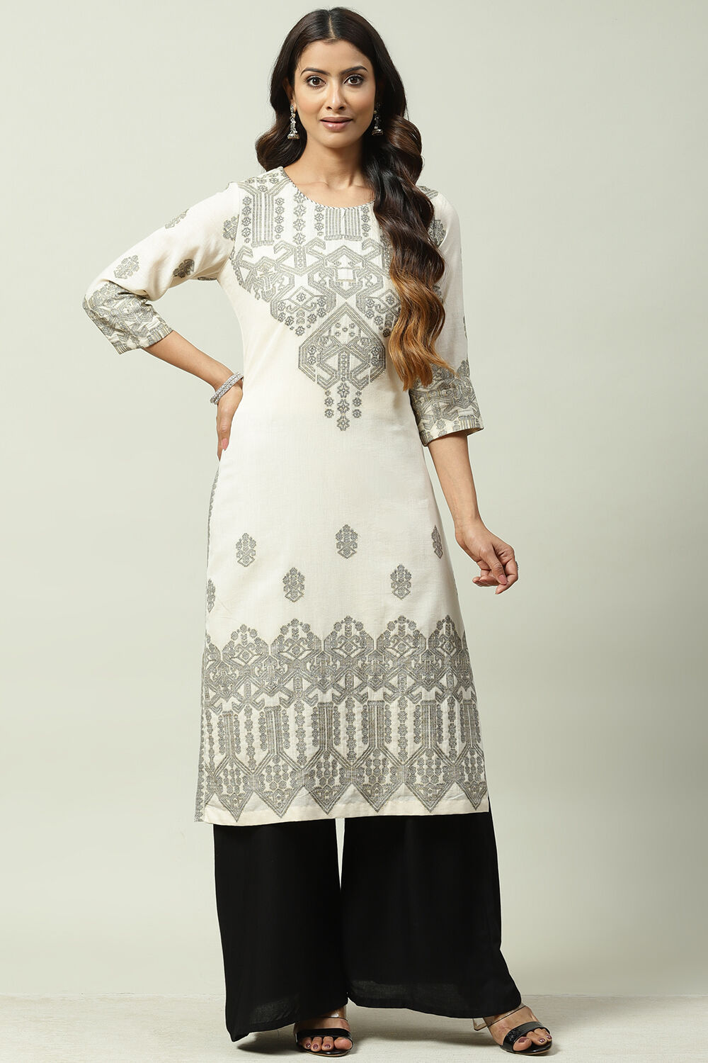 Black Beige Art Silk Straight Kurta image number 0